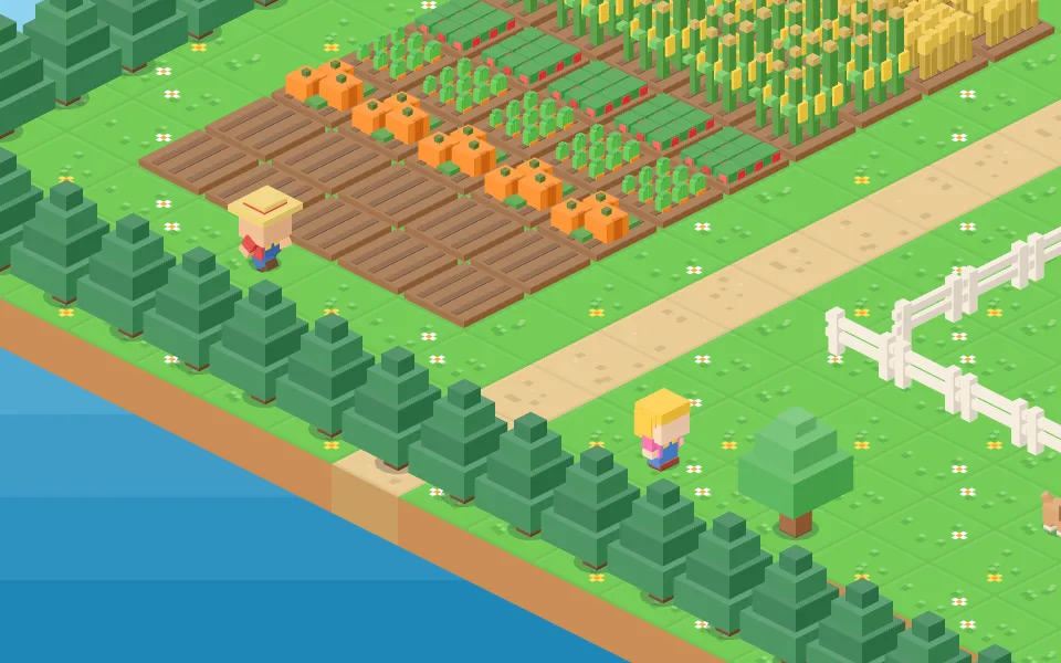 The Farm game: crop fields beside a river